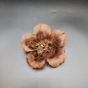 Brown Fabric & Feather Flower Pin Brooch